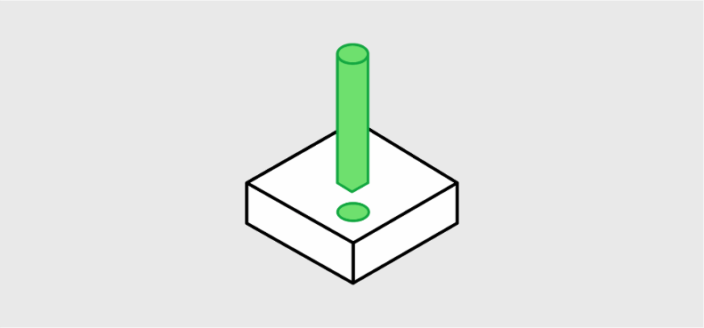 Isometric illustration of CNC drilling process on block.