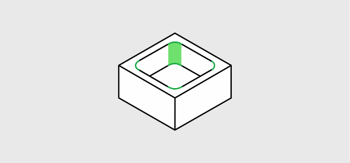 Isometric illustration of a CNC machined block with inner pocket feature.