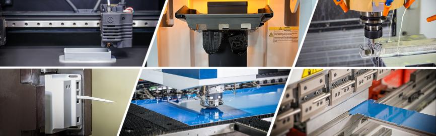 Mech Power manufacturing processes: 3D printing, CNC machining, laser cutting, punching, and bending.